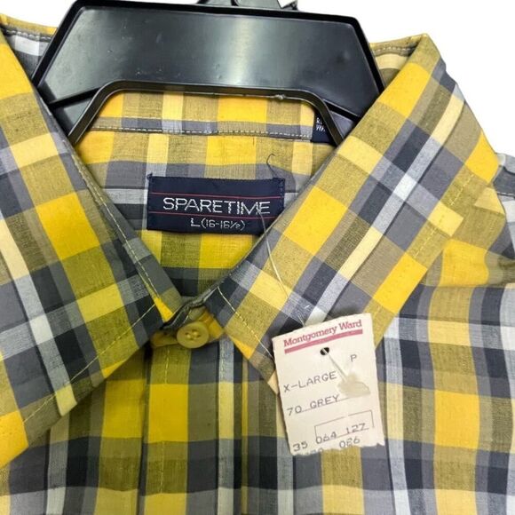 VINTAGE 80s YELLOW/GRAY LONG SLEEVE SHIRT VTG SPARETIME NEW NWT MENS PLAID SHIRT - Picture 3 of 4